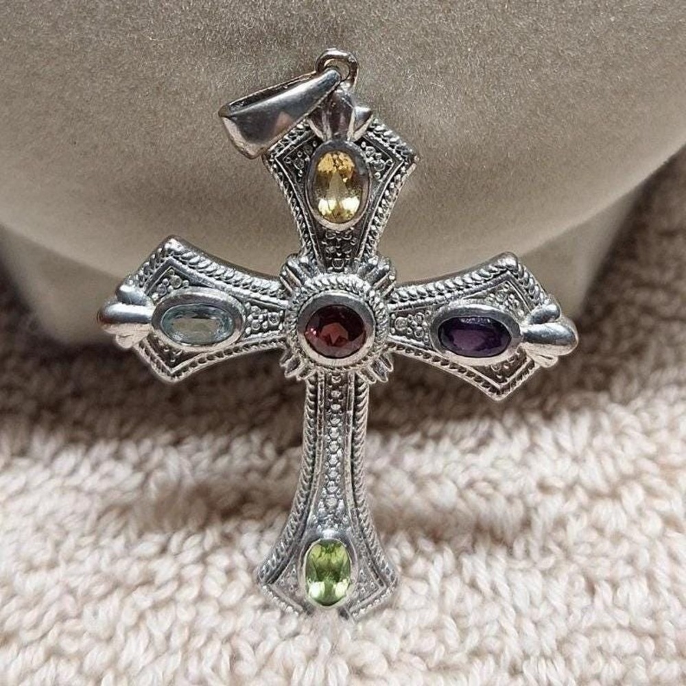 Cross pendant multi gemstone amethyst blue topaz citrine with chain silver tone
